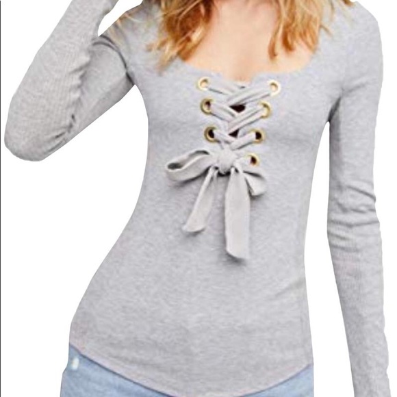 FREE PEOPLE KNIT LONG SLEEVE TOP LACE UP FRONT M - Picture 3 of 15
